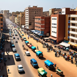 A wide shot of a bustling street in Dakar, Senegal, featuring a vibrant blend of modern high-rises and colorful traditional markets. Sunlight illuminates the lively scene, capturing the city's dynamic energy and diverse architecture. Cinematic, realistic.