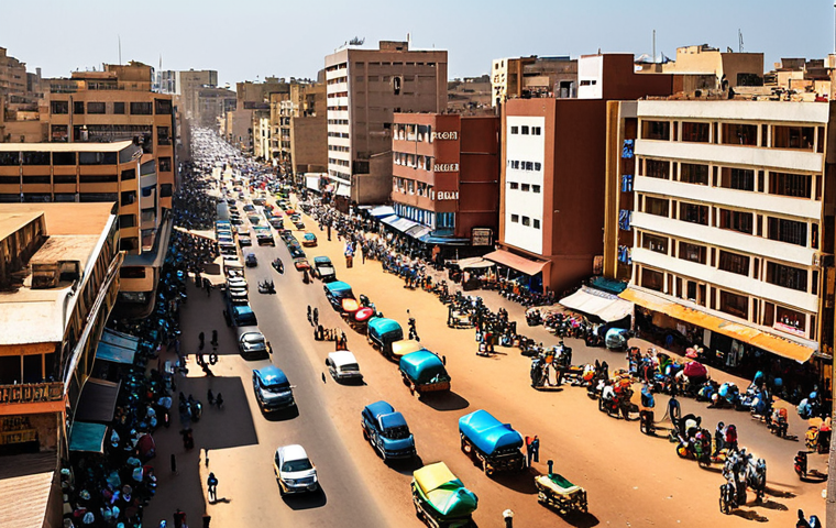 A wide shot of a bustling street in Dakar, Senegal, featuring a vibrant blend of modern high-rises and colorful traditional markets. Sunlight illuminates the lively scene, capturing the city's dynamic energy and diverse architecture. Cinematic, realistic.
