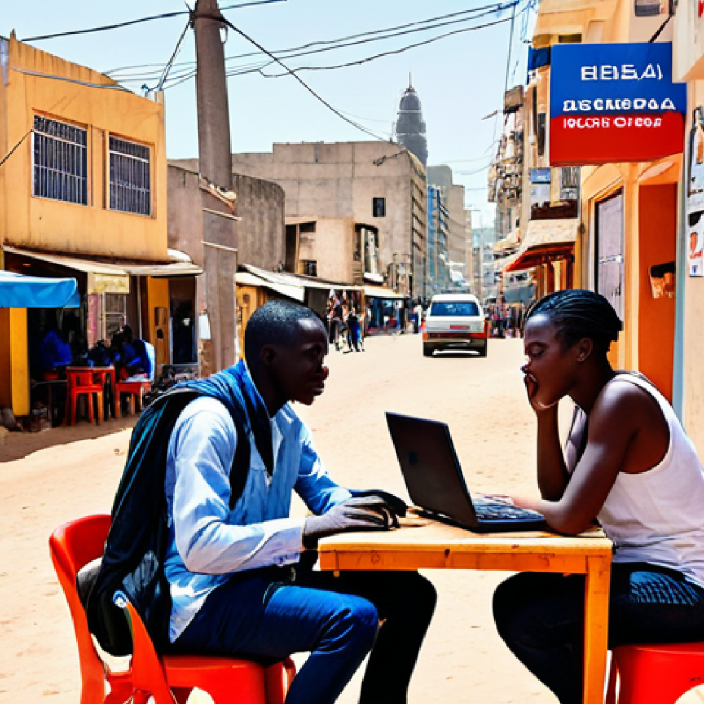 **

A vibrant street scene in Dakar, Senegal. Show a modern cafe with people using laptops and smartphones, highlighting readily available Wi-Fi. Emphasize the contrast between the urban environment and the traditional Senegalese culture. Include 4G network towers subtly in the background.

**