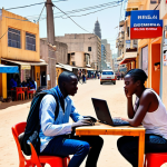 **

A vibrant street scene in Dakar, Senegal. Show a modern cafe with people using laptops and smartphones, highlighting readily available Wi-Fi. Emphasize the contrast between the urban environment and the traditional Senegalese culture. Include 4G network towers subtly in the background.

**