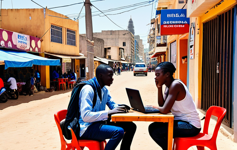**
A vibrant street scene in Dakar, Senegal. Show a modern cafe with people using laptops and smartphones, highlighting readily available Wi-Fi. Emphasize the contrast between the urban environment and the traditional Senegalese culture. Include 4G network towers subtly in the background.
**