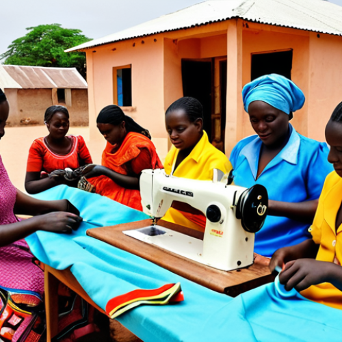 Home 8 **Image Prompt:** A vibrant scene in a Senegalese village. Women are participating in a vocational training workshop led by an NGO. They are learning sewing and tailoring skills, with colorful fabrics and sewing machines visible. The background shows traditional Senegalese houses. The overall tone is empowering and hopeful.