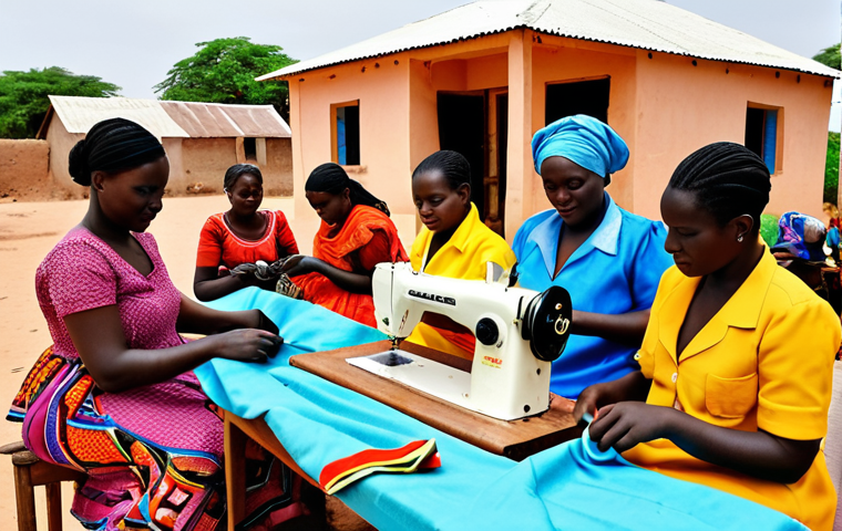 **Image Prompt:** A vibrant scene in a Senegalese village. Women are participating in a vocational training workshop led by an NGO. They are learning sewing and tailoring skills, with colorful fabrics and sewing machines visible. The background shows traditional Senegalese houses. The overall tone is empowering and hopeful.
