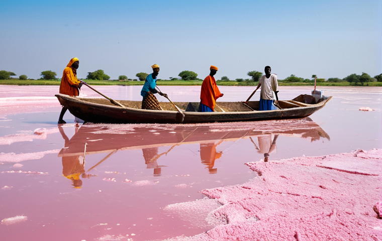 **
"Local Senegalese workers collecting salt from Lake Retba, the pink lake, in traditional boats. The water is vividly pink due to the Dunaliella salina algae. Safe for work, fully clothed, appropriate attire, perfect anatomy, natural proportions, daytime, sunny, clear sky, professional photography, high quality, family-friendly. The workers are covered in shea butter for protection. Modest clothing, hardworking environment."
**