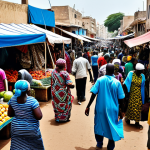 Bustling Dakar Market**

"A vibrant marketplace scene in Dakar, Senegal, showcasing colorful textiles, fruits, and local crafts. People are fully clothed in modest, traditional Senegalese attire. The scene is bustling with activity, capturing the energy of the market. Safe for work, appropriate content, professional photography, perfect anatomy, natural proportions, high quality, family-friendly."

**