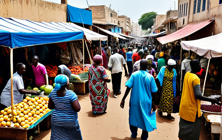 Bustling Dakar Market**

"A vibrant marketplace scene in Dakar, Senegal, showcasing colorful textiles, fruits, and local crafts. People are fully clothed in modest, traditional Senegalese attire. The scene is bustling with activity, capturing the energy of the market. Safe for work, appropriate content, professional photography, perfect anatomy, natural proportions, high quality, family-friendly."

**