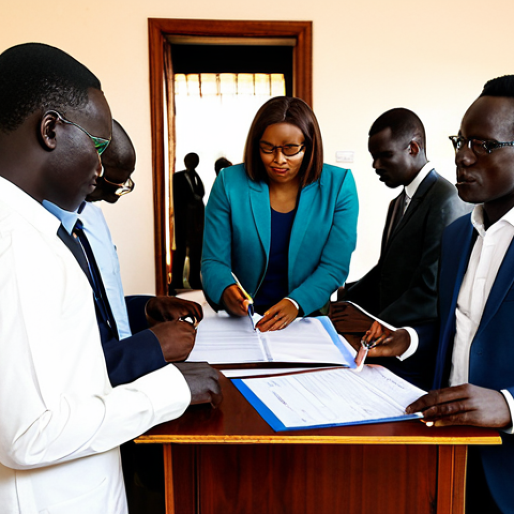 A diverse group of people applying for visas at the Senegalese embassy, showcasing different nationalities and purposes of travel. Focus on the application process with forms and official documents visible. "Visa Application Process in Senegal." Safe for work. Appropriate content. Fully clothed. Professional.