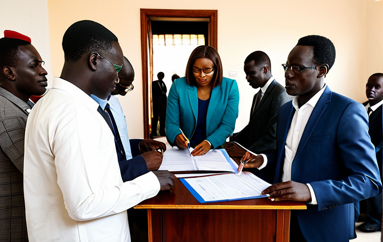 A diverse group of people applying for visas at the Senegalese embassy, showcasing different nationalities and purposes of travel. Focus on the application process with forms and official documents visible. "Visa Application Process in Senegal." Safe for work. Appropriate content. Fully clothed. Professional.