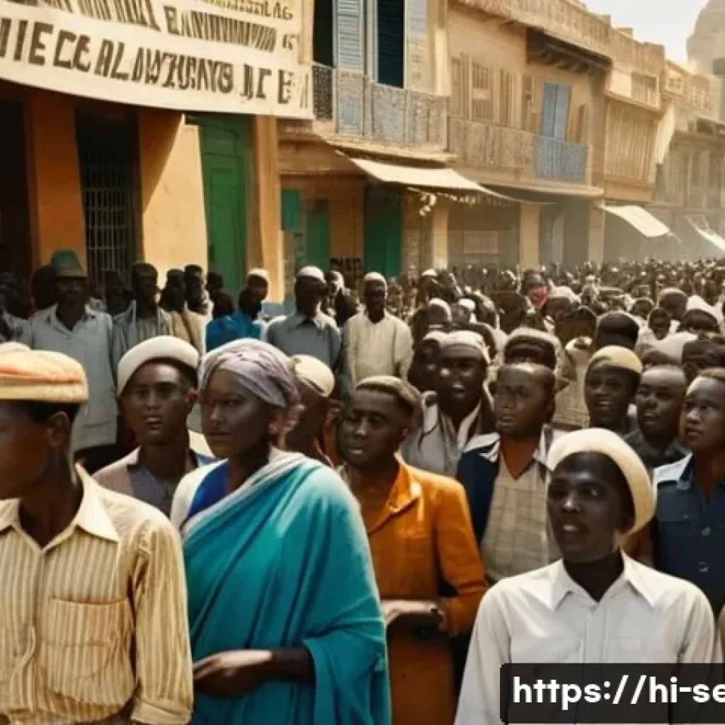 세네갈 독립 과정 - A vibrant street scene in 1940s Senegal showing a peaceful political protest against French colonial...