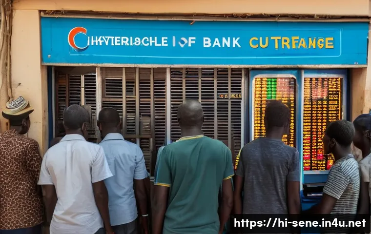 세네갈에서 환전하는 법 - A detailed street scene in Dakar, Senegal, showing a trustworthy bank currency exchange counter with...