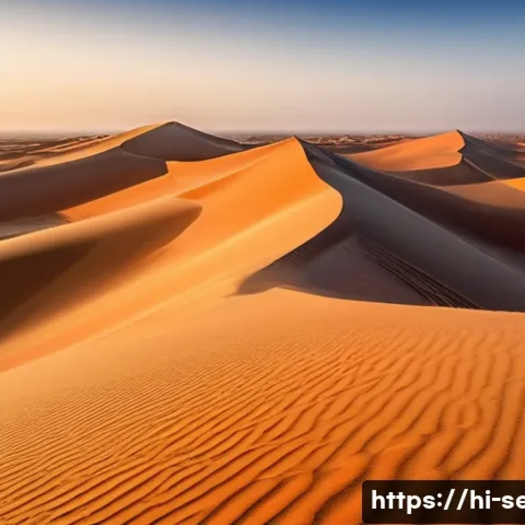 세네갈 사막 투어 - A vast Senegalese desert landscape at sunrise, showcasing diverse sand dunes in golden yellow, light...