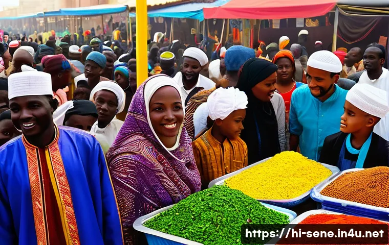 세네갈 기독교와 이슬람 공존 - A vibrant and harmonious Senegalese community festival scene showing Muslim and Christian families c...