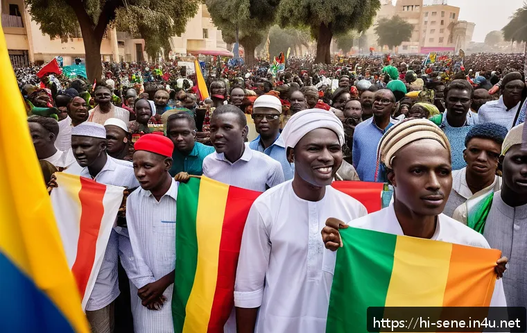 세네갈의 주요 사건사고 - A vibrant political rally in Senegal showcasing a diverse group of young leaders and supporters form...