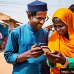 Home 22 세네갈에서 모바일 뱅킹 이용법 - A vibrant street scene in rural Senegal showing diverse people using mobile banking apps on their sm...