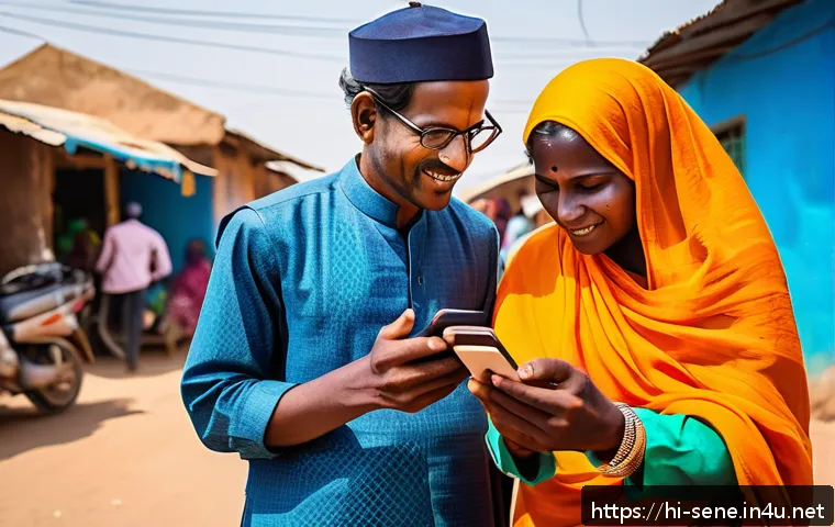 세네갈에서 모바일 뱅킹 이용법 - A vibrant street scene in rural Senegal showing diverse people using mobile banking apps on their sm...