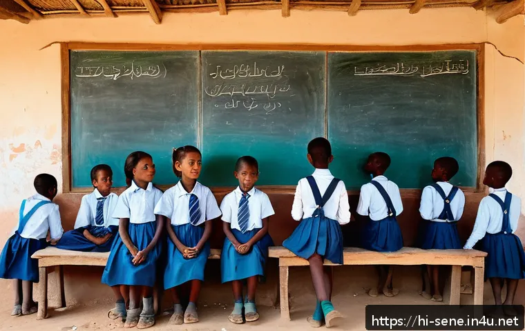 세네갈의 교육 제도 - A vibrant rural Senegalese classroom scene showing a group of children wearing school uniforms and m...
