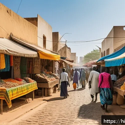 Home 30 세네갈 관광지 추천 - A vibrant street scene in Dakar, Senegal, showcasing a bustling local market with colorful tradition...