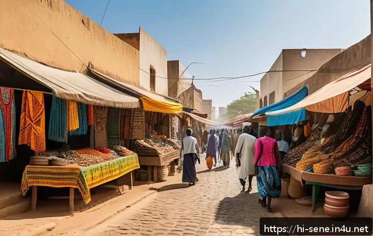 세네갈 관광지 추천 - A vibrant street scene in Dakar, Senegal, showcasing a bustling local market with colorful tradition...