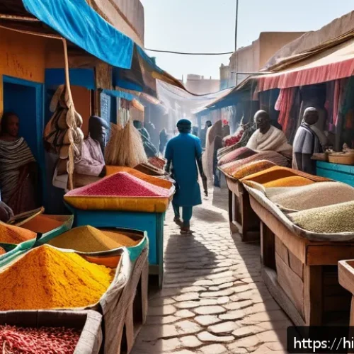 Home 17 세네갈의 수도 다카르 탐방 - A vibrant scene of Medina Market in Dakar, bustling with local vendors selling colorful spices, fres...