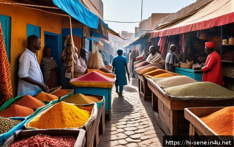 세네갈의 수도 다카르 탐방 - A vibrant scene of Medina Market in Dakar, bustling with local vendors selling colorful spices, fres...