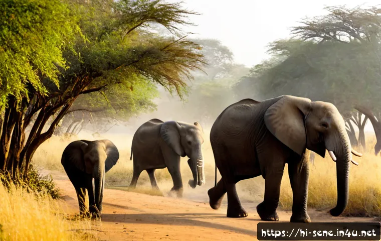 니오콜로코바 국립공원 - Photorealistic wide-angle view of Niokolo-Koba National Park, Senegal, a large African elephant fami...