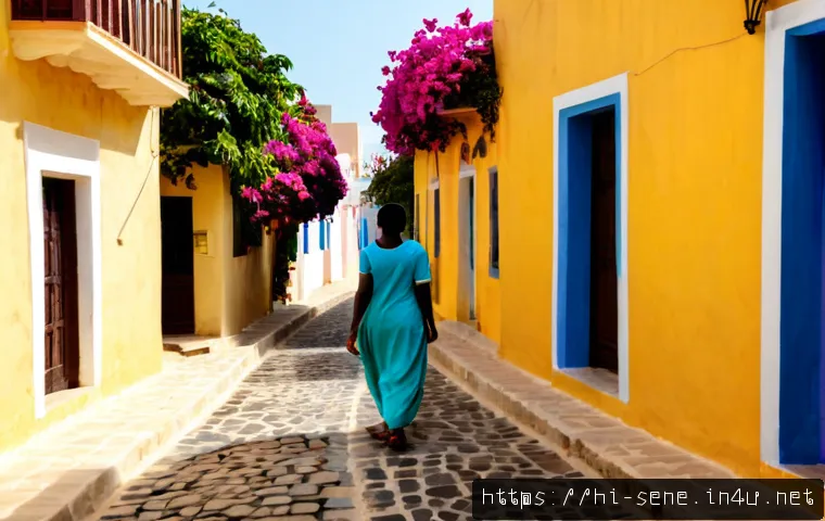 Home 17 세네갈 섬들 탐방기 - Photorealistic travel scene on Gorée Island, Senegal, a curious Indian female traveler in modest sum...