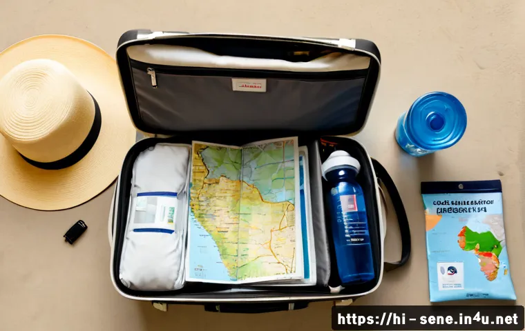 Home 17 세네갈 여행 필수 준비물 - Photorealistic top-down travel packing scene for a Senegal trip, open neutral suitcase neatly organi...